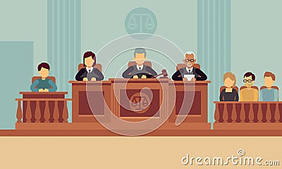 Courtroom interior with judges and lawyer. Justice and law vector concept Vector Illustration