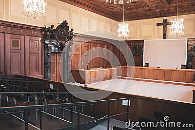 Courtroom 600 interior. Memorial courtroom of Nuremberg Trial. History of Nuremberg trials. Fascism and nazism history. Editorial Stock Photo