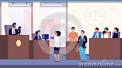 Courtroom. Judge, lawyer and criminal with police officer take part in jury trial. Justice and law vector concept Vector Illustration