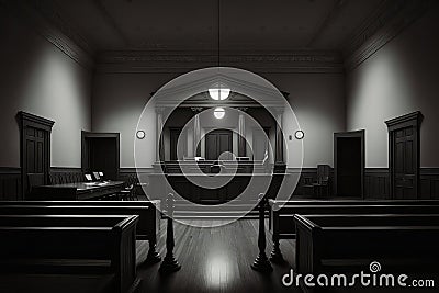 Courtroom before meeting. Judge's table and empty benches. Generative AI Stock Photo