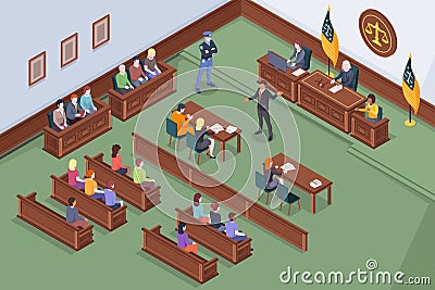 Courtroom process, court judge, prosecutor, lawyer Vector Illustration