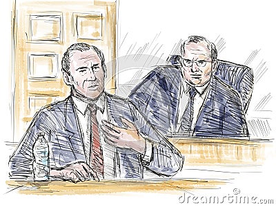 Courtroom Trial Sketch Showing Judge Lawyer Defendant Plaintiff Witness and Jury Inside Court of Law Cartoon Illustration