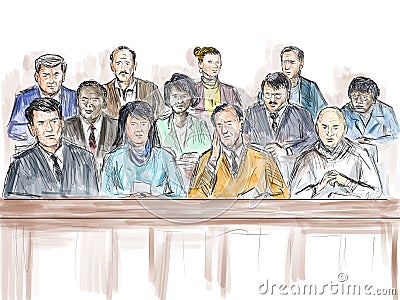 Courtroom Trial Sketch Showing a Jury of Twelve 12 Juror Inside Court of Law Cartoon Illustration