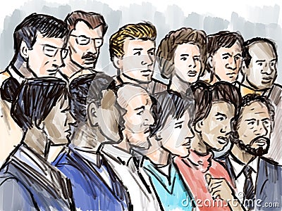 Courtroom Trial Sketch Showing a Jury of Twelve 12 Juror Inside Court of Law Cartoon Illustration