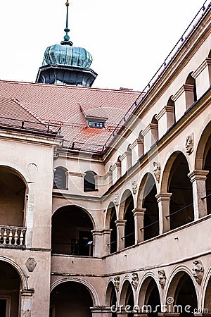 Courtyard castle arcades Pieskowa Skala , medieval building near Krakow, Poland Stock Photo