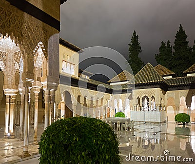 Courtyard of the Lions in evening time, Alhambra Stock Photo