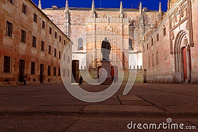 Courtyard of major schools, with the statue of Fray Luis de Leon and the faÃ§ade of the old University of Salamanca Stock Photo