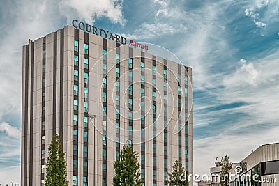 Courtyard marriott amsterdam hotel, Modern office buildings, business district Amsterdam Arena park, Southeast, moody cloudy sky Editorial Stock Photo