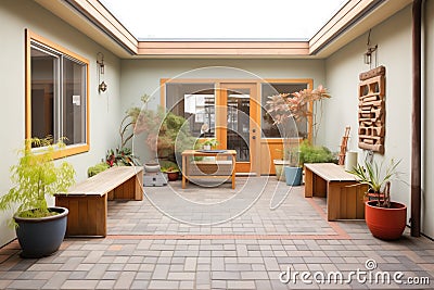 courtyard with mismatched paving and asymmetric planters Stock Photo