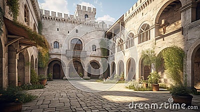 Courtyard of the Mysterious Medieval Castle. Generative AI. Stock Photo