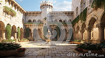 Courtyard of the Mysterious Medieval Castle. Generative AI. Stock Photo