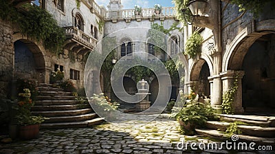 Courtyard of the Mysterious Medieval Castle. Generative AI. Stock Photo