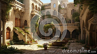 Courtyard of the Mysterious Medieval Castle. Generative AI. Stock Photo