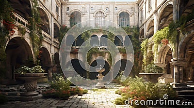 Courtyard of the Mysterious Medieval Castle. Generative AI. Stock Photo