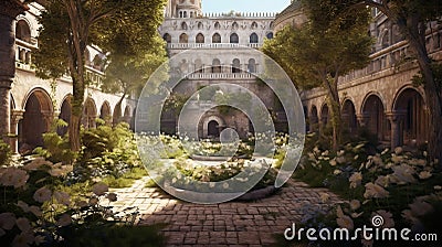 Courtyard of the Mysterious Medieval Castle. Generative AI. Stock Photo