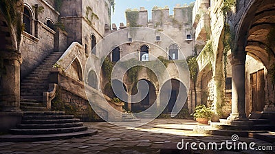 Courtyard of the Mysterious Medieval Castle. Generative AI. Stock Photo