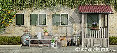 Old facade with gardening tools Stock Photo