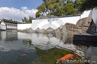 Courtyard with pond and fish in suzhou museum Stock Photo