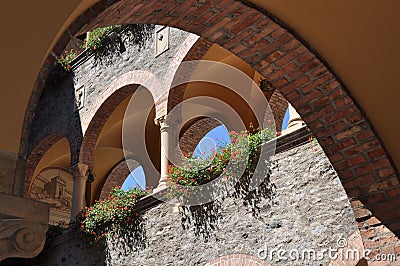 Courtyard renaissance building with arcades Stock Photo