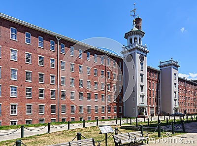 The courtyard view of the restored Boott Cotton Mills in Lowell, MA Editorial Stock Photo