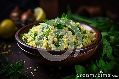 Couscous with fresh basil and green herbs in a ceramic bowl Stock Photo