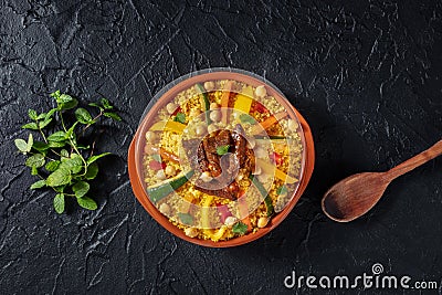 Couscous with meat and vegetables, festive Moroccan dinner, overhead Stock Photo