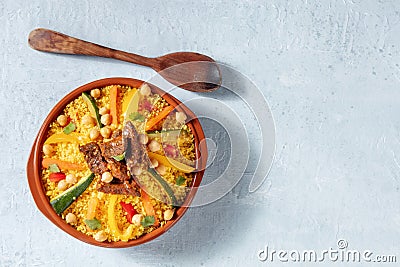 Couscous with meat and vegetables, festive Moroccan dinner Stock Photo