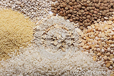 Couscous, rice, pea, grits, oatmeal, lentil. Stock Photo