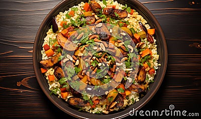 Couscous with vegetables and nuts on a wooden background. Selective focus. Stock Photo