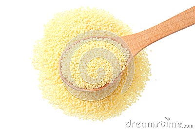 Couscous in wooden spoon isolated on white background. top view Stock Photo