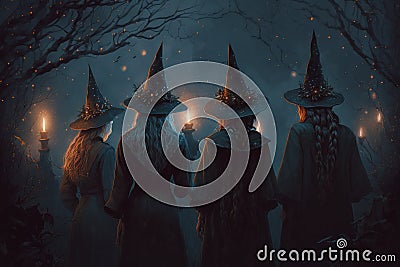 Coven of witches, viewed from the back. secret dark ceremony, ritual, Walpurgis night, Halloween... Stock Photo