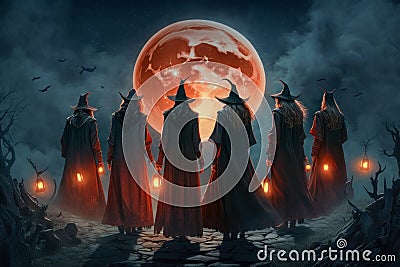 Coven of witches, viewed from the back. Walpurgis night, Halloween. Moon rising Stock Photo