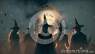 Coven of witches, viewed from the back. Walpurgis night, Halloween. Moon rising Stock Photo