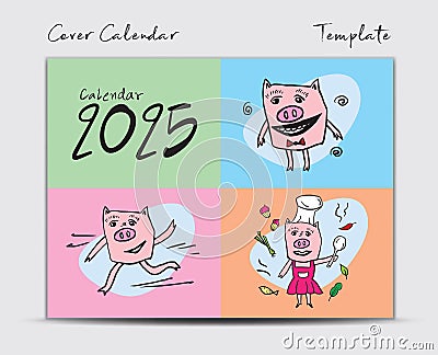 Cover Calendar 2025 design template with Cute Pig vector, minimal Desk calendar 2025 year, Lettering, Brochure cover template Vector Illustration