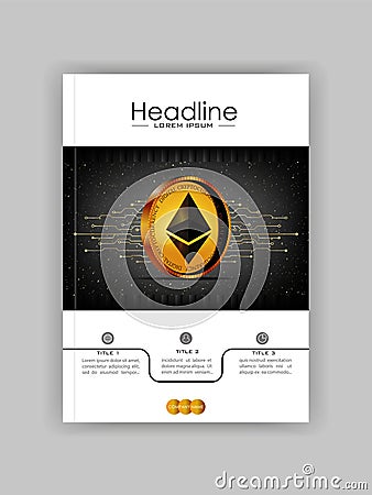 Cover design ethereum golden coin space futuristic background. M Vector Illustration