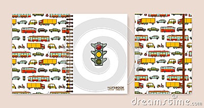 Cover design for notebooks or scrapbooks with cars and city transport Vector Illustration