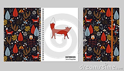 Cover design for notebooks or scrapbooks with doodle autumn forest and cute fox. Vector illustration. Vector Illustration