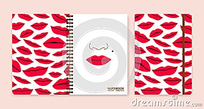 Cover design for notebooks or scrapbooks with lips Vector Illustration