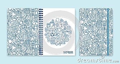 Cover design for notebooks or scrapbooks with sport and recreation line icons Vector Illustration