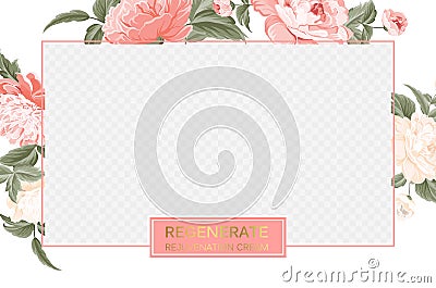 Cover design, transparent product package window, and peony flower border. Regenerate cream label design with pink peony Vector Illustration