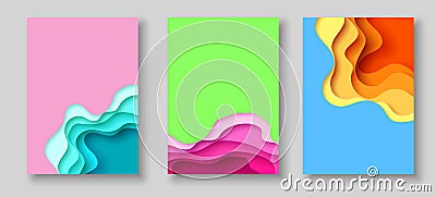 Cover or flyer template with abstract paper cut blue green pink yellow background. Vector template in carving art style Vector Illustration