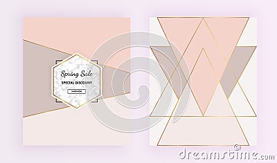 Cover geometric designs with marble stone texture, gold triangles, pastel pink, grey colors background. Trendy template for invita Stock Photo