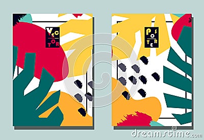 Cover with graphic elements - abstract shapes and monstera leaves. Two modern vector flyers in avant-garde collage style. Vector Illustration