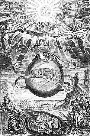 Cover image of the musical encyclopedic treatise entitled musurgia universalis by athanasius kircher in 1650, with Pythagoras; Editorial Stock Photo