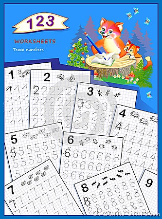 Cover for kids school workbook with counting exercises. Learn to trace numbers. Back to school. Mathematics book with educational Vector Illustration
