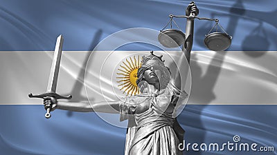 Cover about Law. Statue of god of justice Themis with Flag of Argentina background. Original Statue of Justice. Femida, with scale Stock Photo