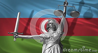 Cover about Law. Statue of god of justice Themis with Flag of Azerbaijan background. Original Statue of Justice. Femida, with scal Stock Photo