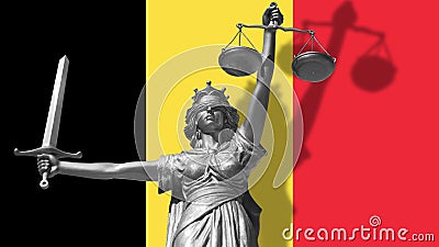 Cover about Law. Statue of god of justice Themis with Flag of Belgium background. Original Statue of Justice. Femida, with scale, Stock Photo