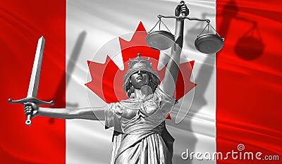 Cover about Law. Statue of god of justice Themis with Flag of Canada background. Original Statue of Justice. Femida, with scale, s Stock Photo