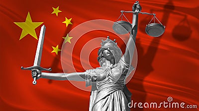 Cover about Law. Statue of god of justice Themis with Flag of China background. Original Statue of Justice. Femida, with scale, sy Stock Photo